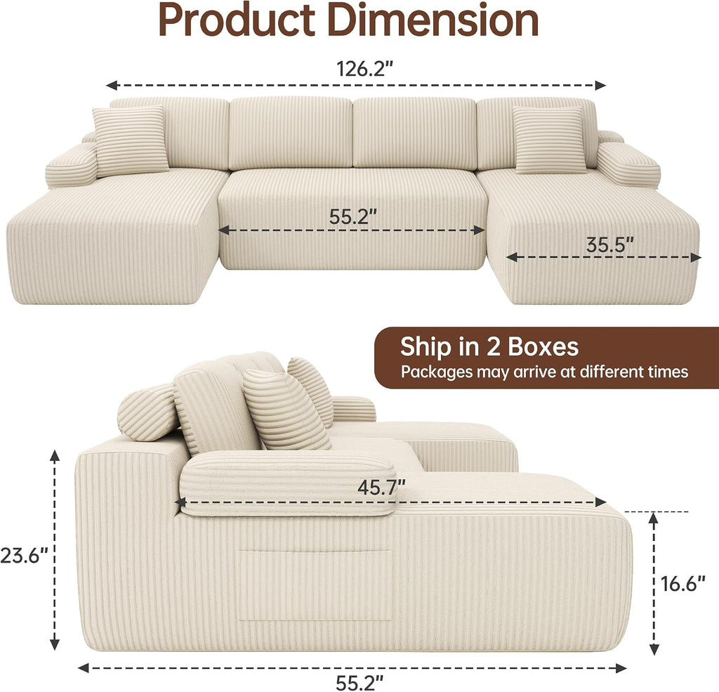 320Cm U Shaped Sofa Modular Convertible Boneless Couch | Comfort Sectional Sofa Couch, Modern Corduroy Deep Seat Couch, Convertible 4-Seater for Living Room (Beige)