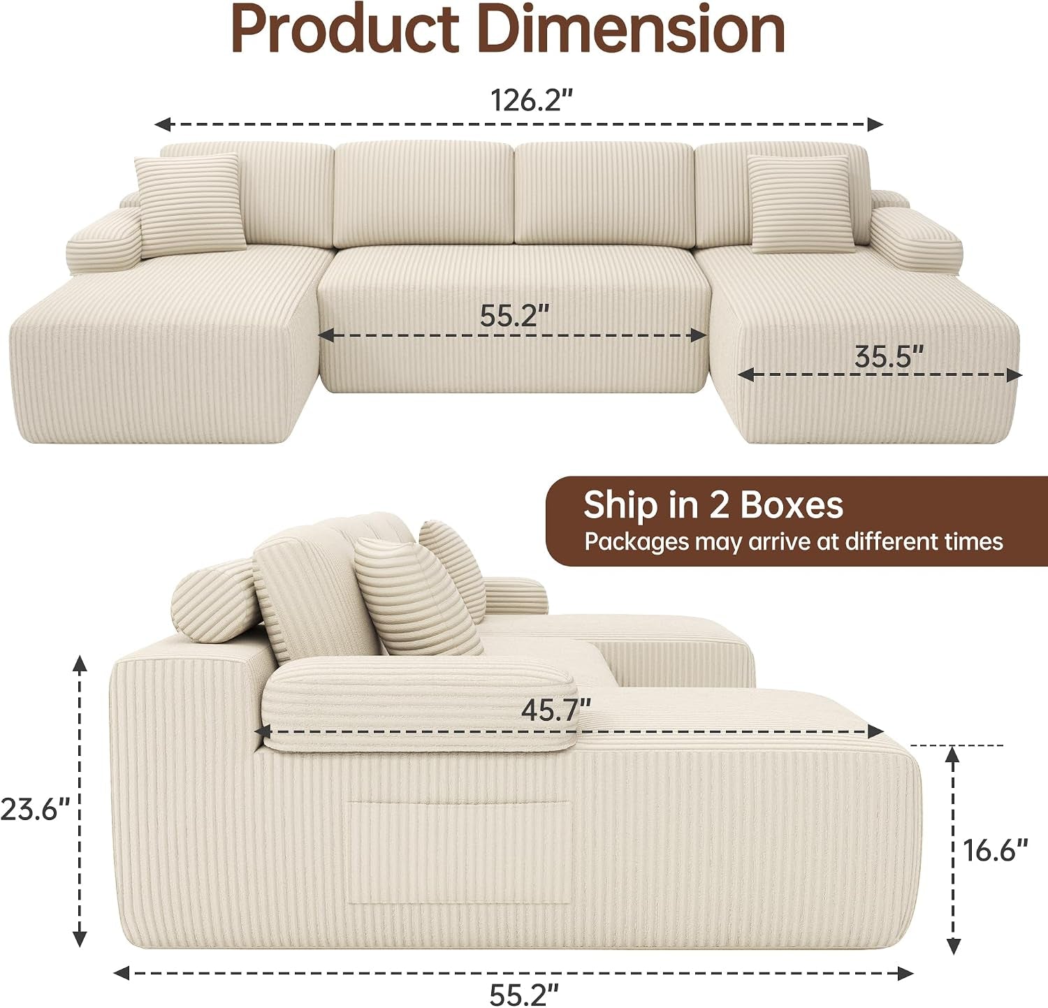 320Cm U Shaped Sofa Modular Convertible Boneless Couch | Comfort Sectional Sofa Couch, Modern Corduroy Deep Seat Couch, Convertible 4-Seater for Living Room (Beige)