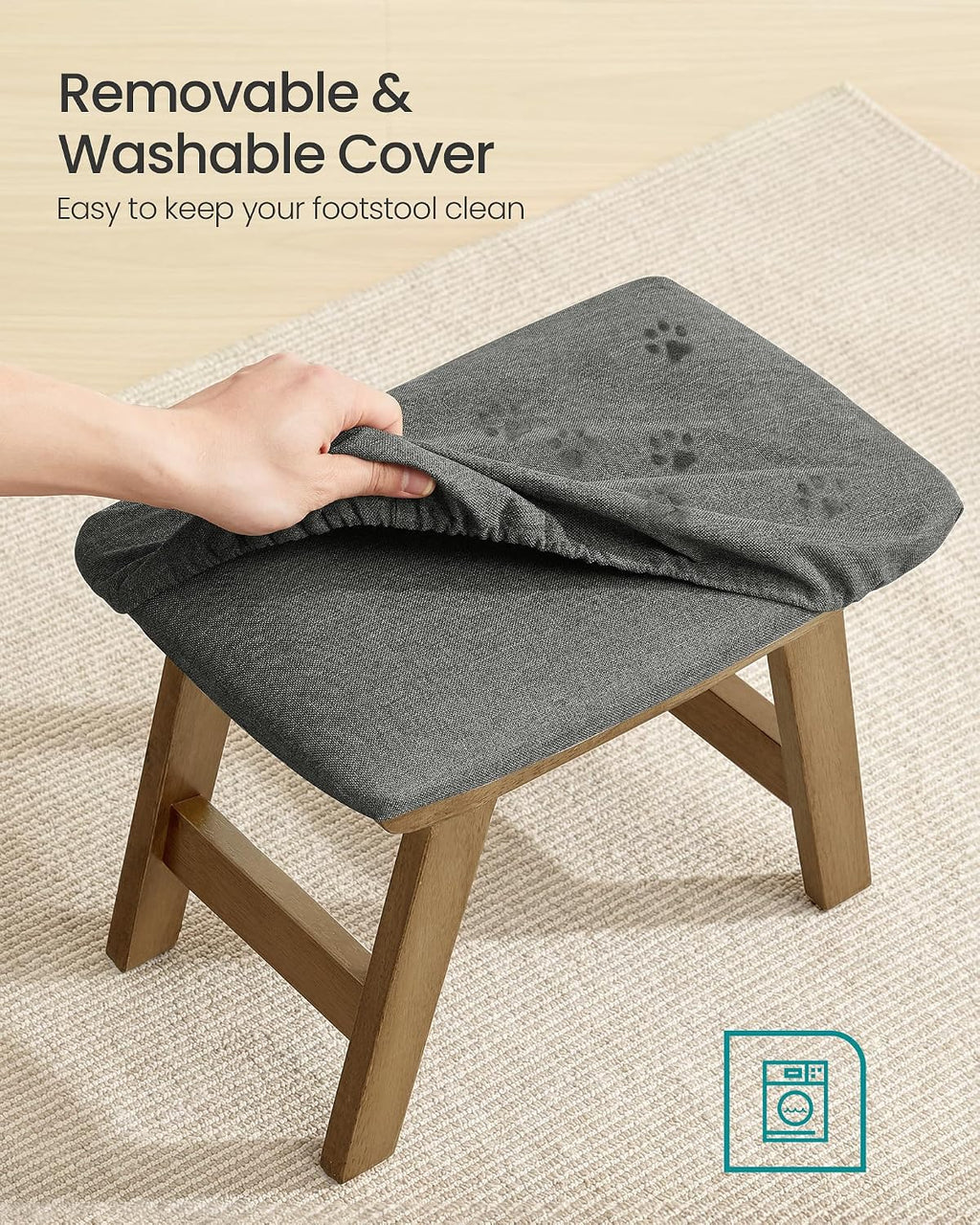 Footstool, Small Foot Stool Ottoman with Rubber Wood Legs, Washable Cover, Curved Padded Footrest for Living Room, 39.1 X 24.9 X 30 Cm, Slate Gray, LSF052GN03