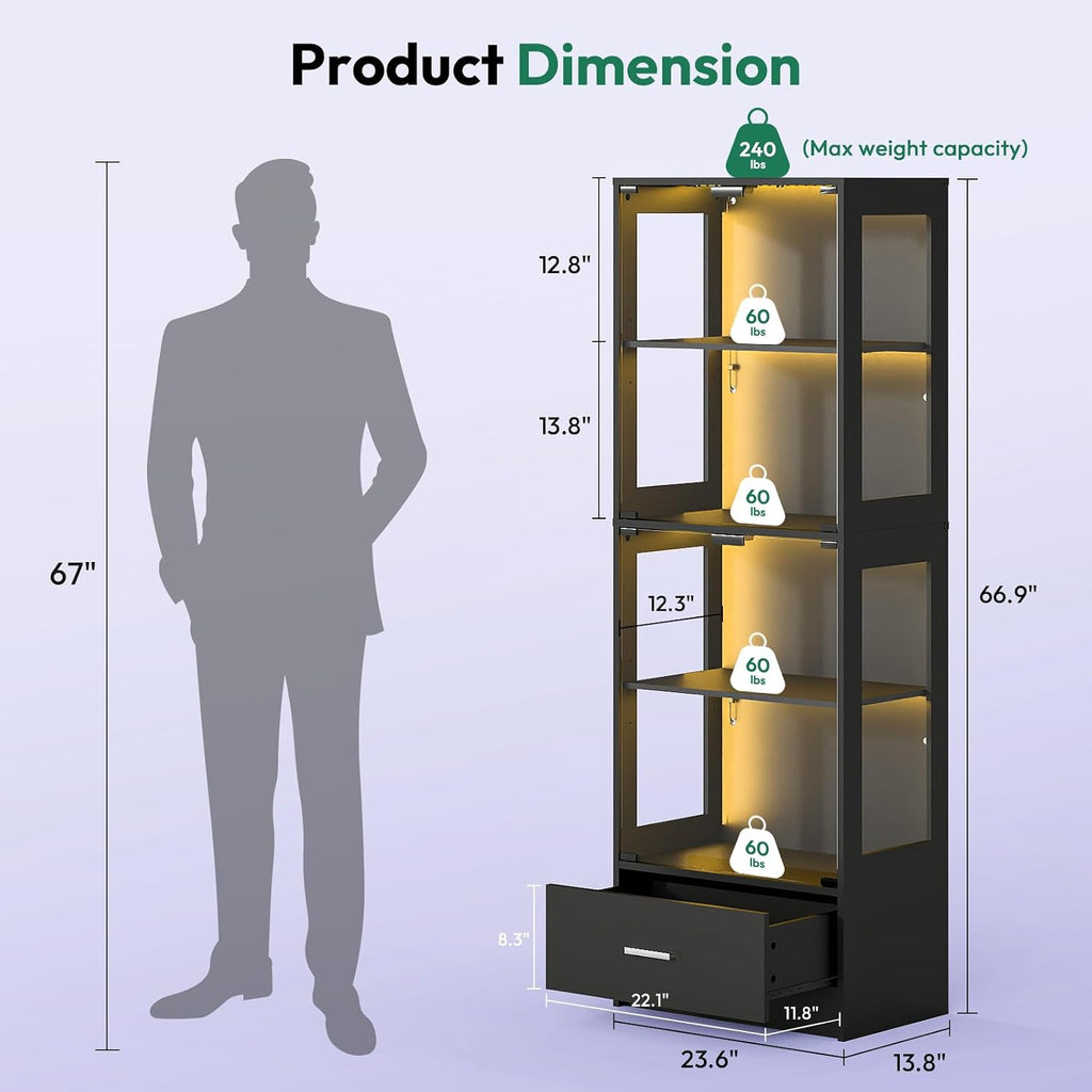 Glass Display Cabinets with LED Lights, App & Remote Control, Adjustable Shelves, Curio Cabinet for Collectables, Model Display Case Unit for Living Room, Black