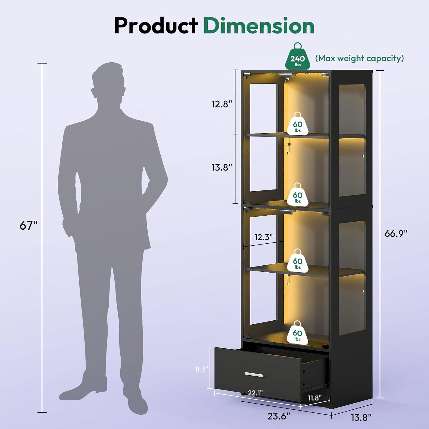 Glass Display Cabinets with LED Lights, App & Remote Control, Adjustable Shelves, Curio Cabinet for Collectables, Model Display Case Unit for Living Room, Black