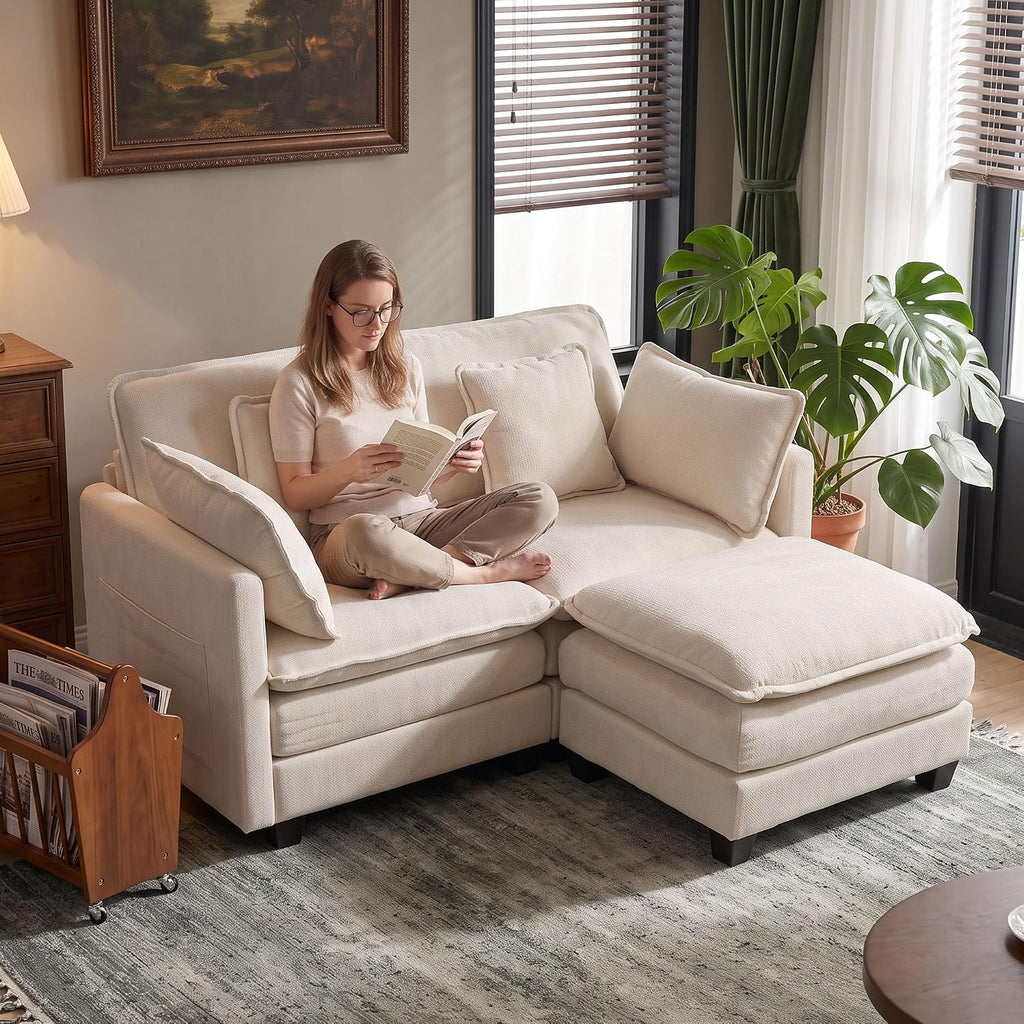 L Shaped Sofa, 162Cm Chenille 2 Seater with Ottoman, Begie | Deep-Seat Modular Design with a Movable Ottoman Footstool for Living Rooms, Bedrooms and Small Spaces