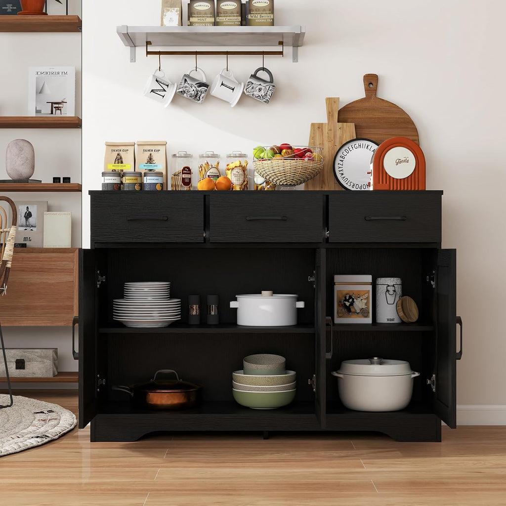 Wooden Sideboard 3 Drawers 3 Doors Entryway Dining Room Console Living Room Storage Farmhouse Sideboard Cabinet (Black)