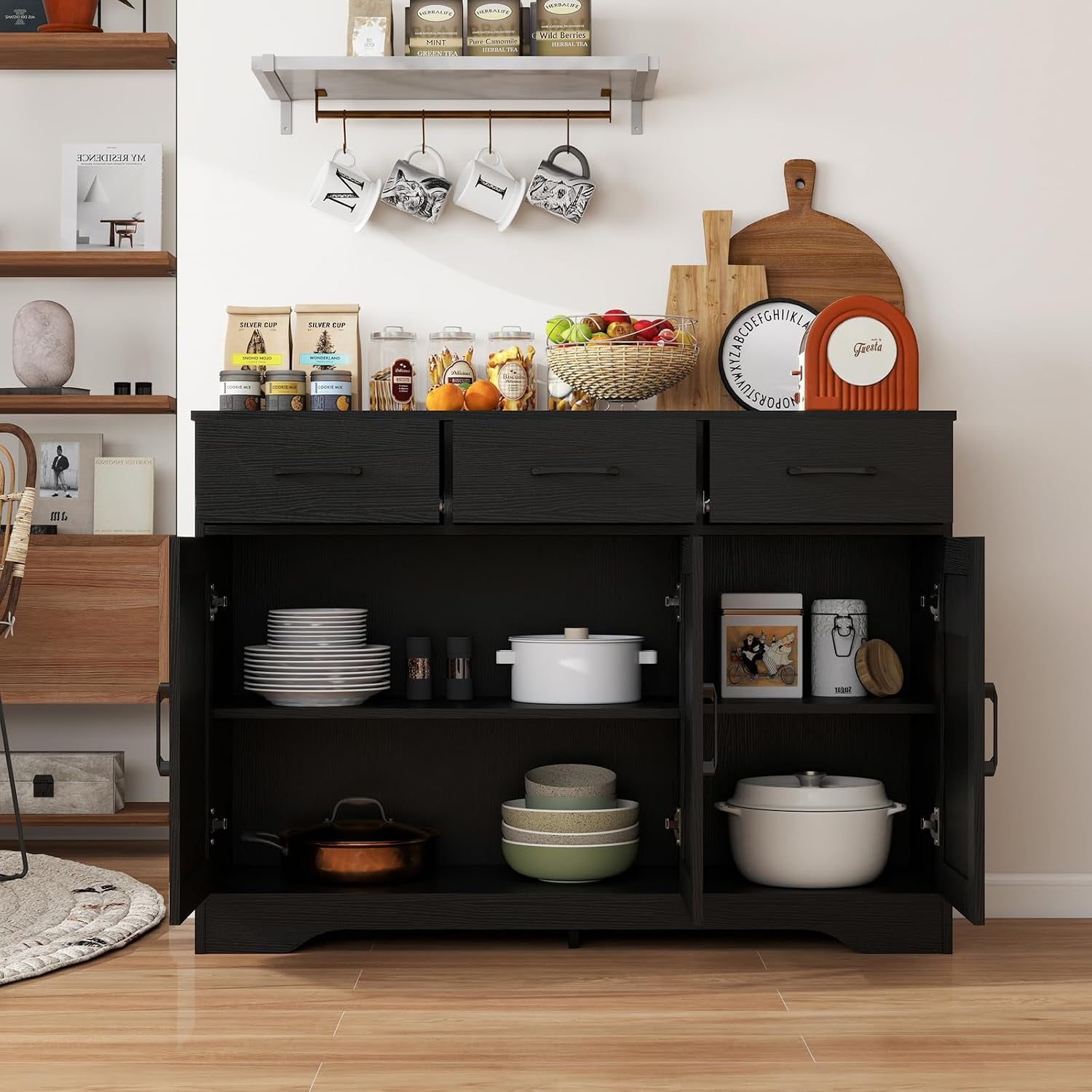 Wooden Sideboard 3 Drawers 3 Doors Entryway Dining Room Console Living Room Storage Farmhouse Sideboard Cabinet (Black)