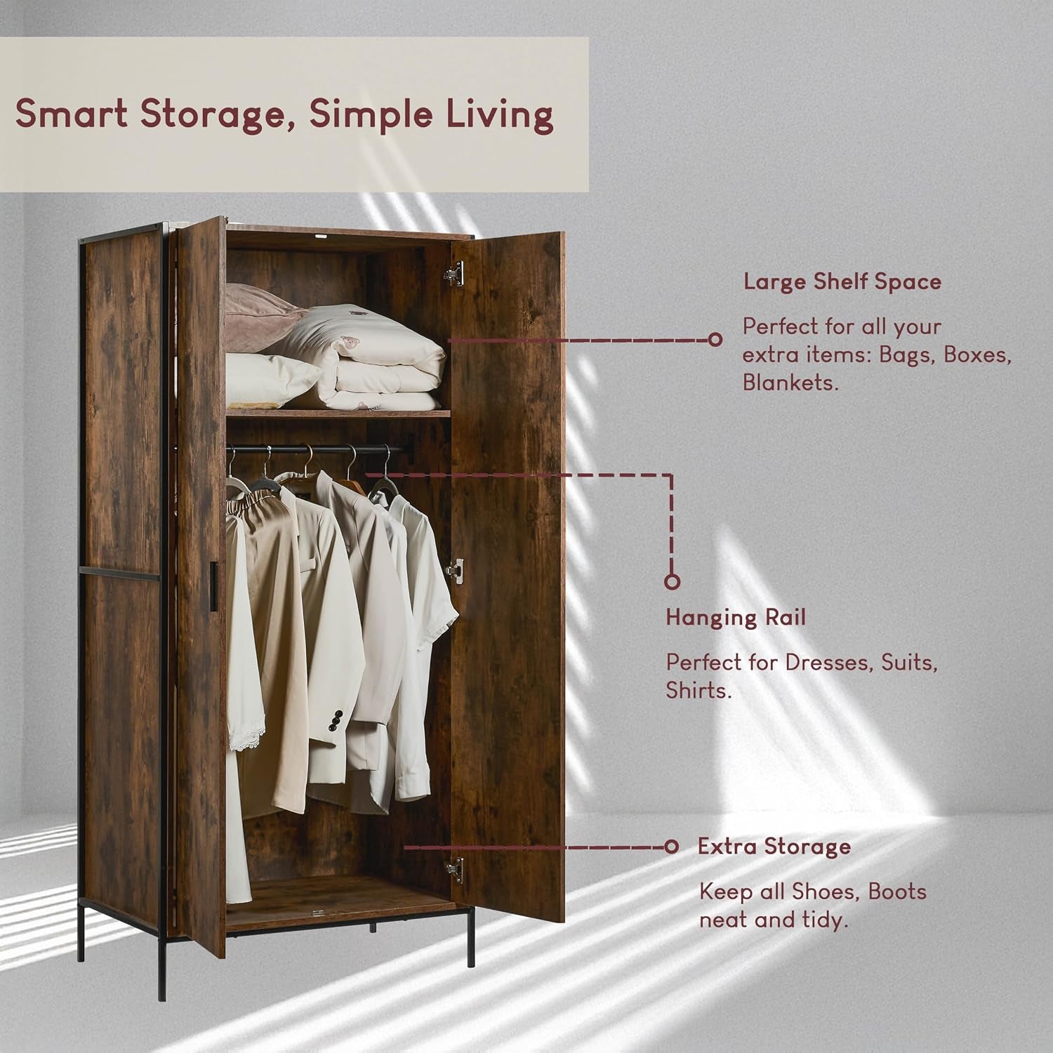 Brooklyn 2 Door Wardrobe Clothes Hanging Rail Shelf Industrial Rustic Bedroom Furniture (Dark Wood)