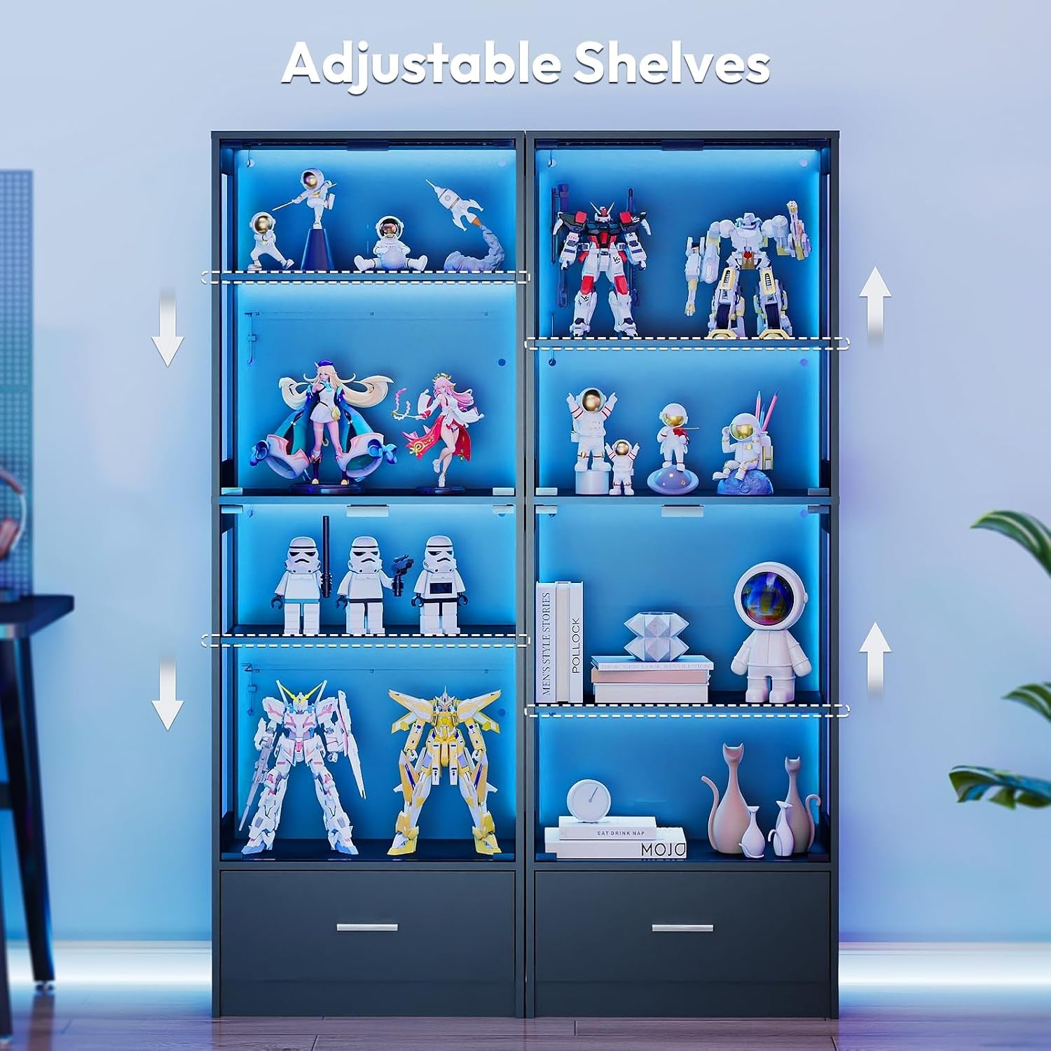 Glass Display Cabinets with LED Lights, App & Remote Control, Adjustable Shelves, Curio Cabinet for Collectables, Model Display Case Unit for Living Room, Black
