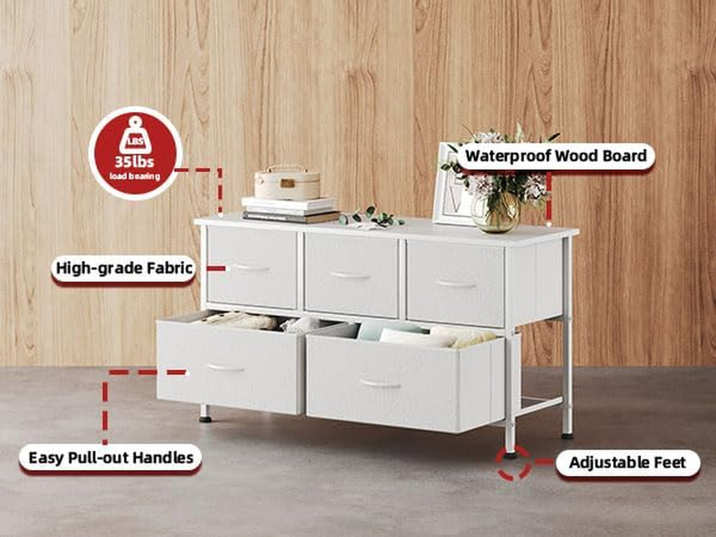 Chest of Drawers with 5 Drawers, White Fabric Dresser with Wood Top for Bedroom, Living Room, Large Storage Space