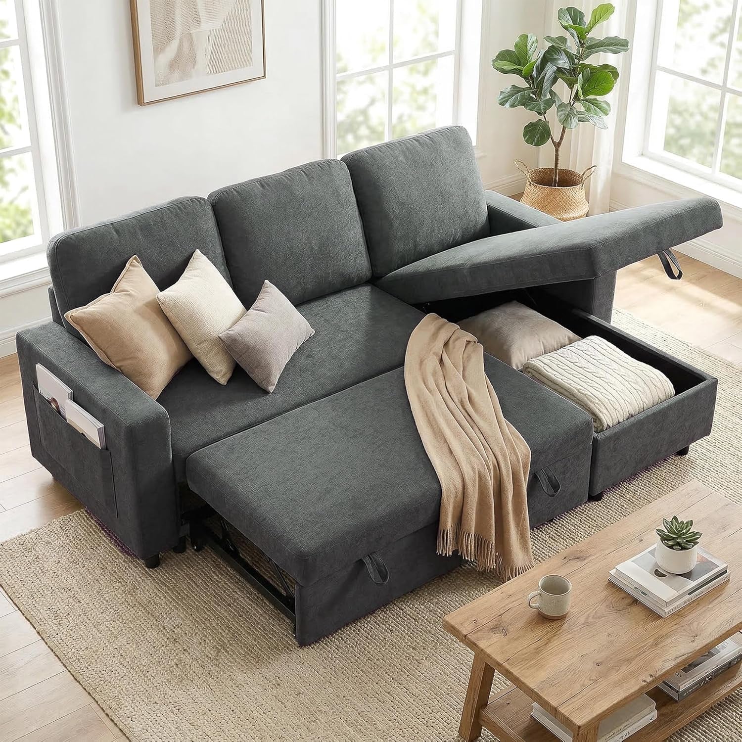 Sofa Bed with Storage Convertible L Shaped Couch Charcoal Grey | Corner Sleeper Couch, 3 Seater Pull Out Sofa Bed, Reversible Chaise, Side Pockets, Living Room, Bedroom, Small Spaces