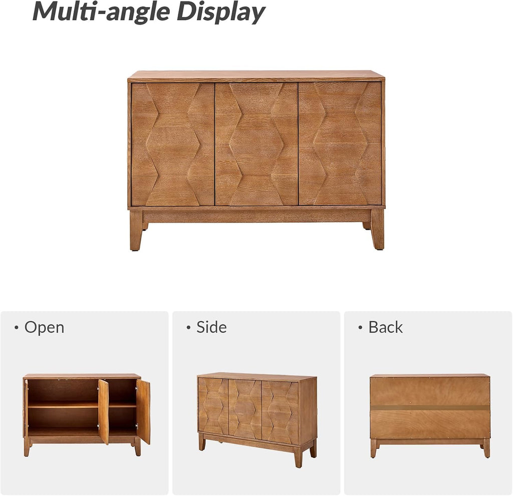 115 Cm Wooden Sideboard with Adjustable Shelves, Seadrift | 3-Door Storage Cabinet with Hexagonal Door Design, Solid Wood Legs, Ample Storage for Living Room, Dining Room, Easy Assembly