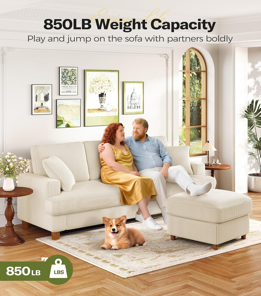 211CM 3 Seater Sofas, Corduroy Sofa No Tool Assembly, Oversized 2 Seater Sofa with 53CM Deep Seats, 3 Seater Sofa Couches & 2 Pillows, Sofa in a Box, Boho Sofas for Living Room, Beige Sofa