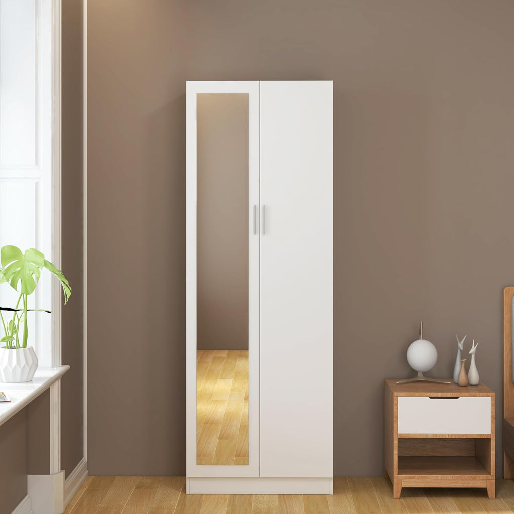 2 Door Mirrored Wardrobe with Hanging Rail Wooden Clothes Storage Cupboards Unit for Bedroom Furniture 72 X 47 X 170 Cm (White)