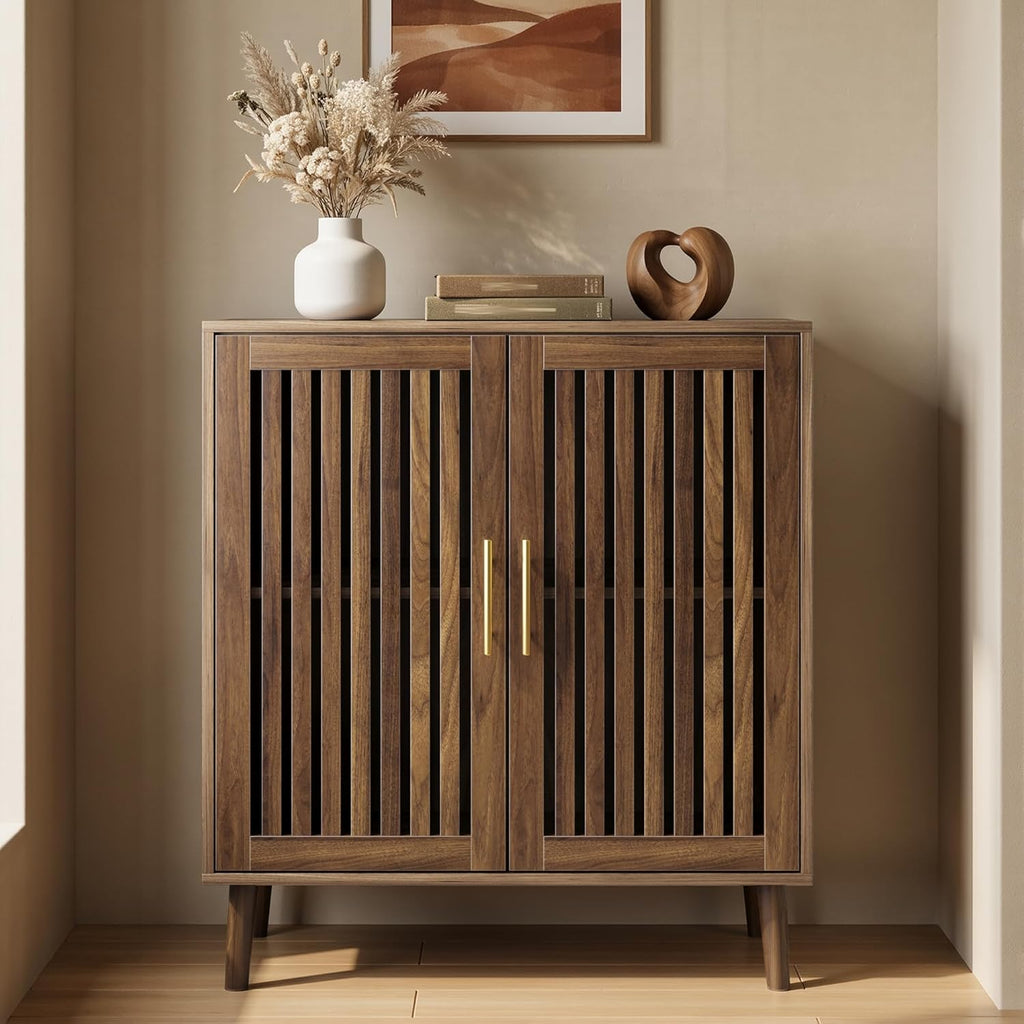 Sideboard Cabinet, Farmhouse Buffet Cabinet with Slatted Doors & Adjustable Shelf, Coffee Bar Storage Cabinet for Kitchen, Dining Room, Living Room, Entryway, Walnut, 80Cm Wide