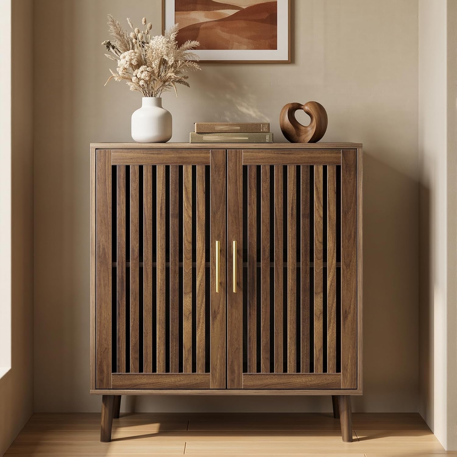 Sideboard Cabinet, Farmhouse Buffet Cabinet with Slatted Doors & Adjustable Shelf, Coffee Bar Storage Cabinet for Kitchen, Dining Room, Living Room, Entryway, Walnut, 80Cm Wide