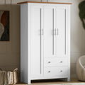 3 Door Wardrobe, MDF Wooden Bedroom Wardrobe with Hanging Rail, Modern Large Storage Cupboard Organiser with 4 Shelves and 2 Drawers, Triple Wardrobe for Bedroom Furniture (White & Oak)