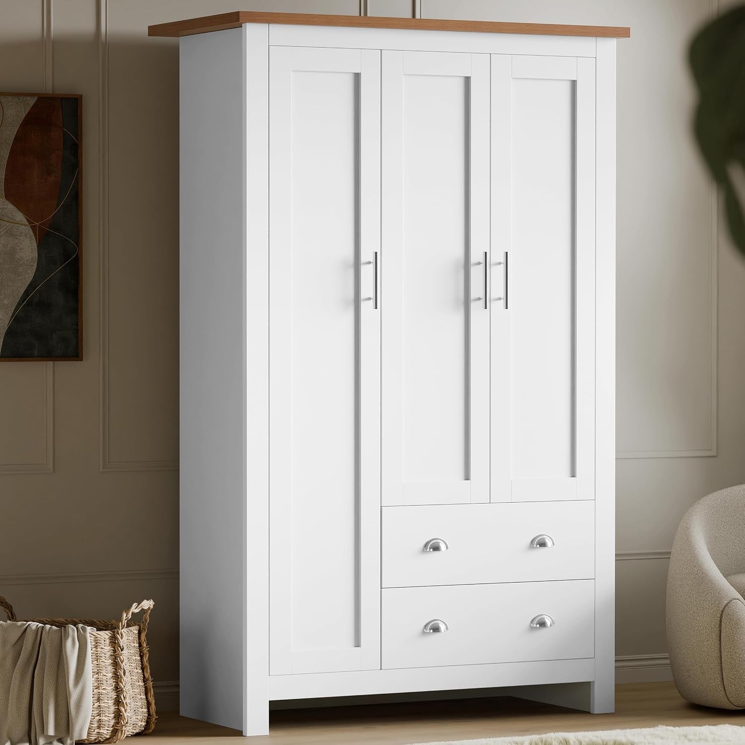 3 Door Wardrobe, MDF Wooden Bedroom Wardrobe with Hanging Rail, Modern Large Storage Cupboard Organiser with 4 Shelves and 2 Drawers, Triple Wardrobe for Bedroom Furniture (White & Oak)