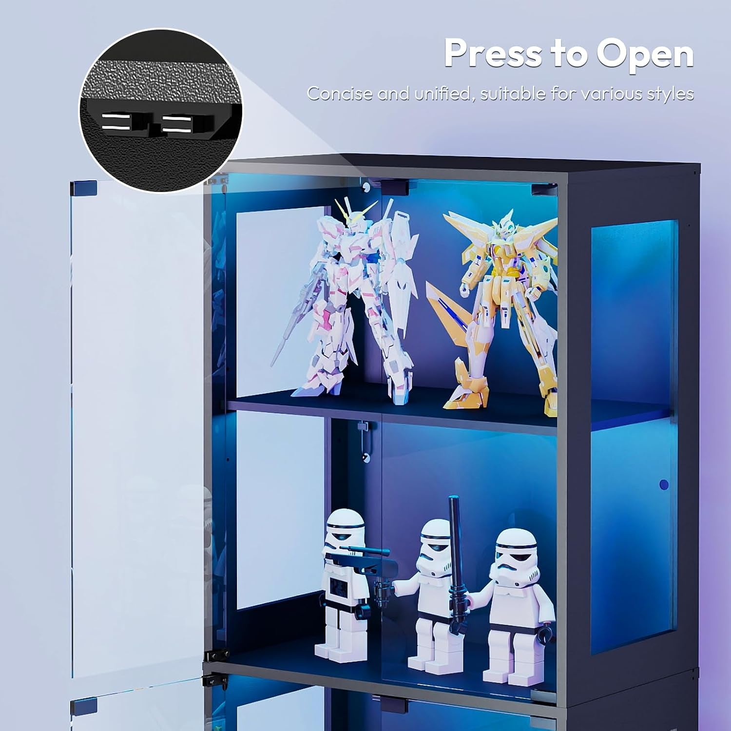 Glass Display Cabinets with LED Lights, App & Remote Control, Adjustable Shelves, Curio Cabinet for Collectables, Model Display Case Unit for Living Room, Black