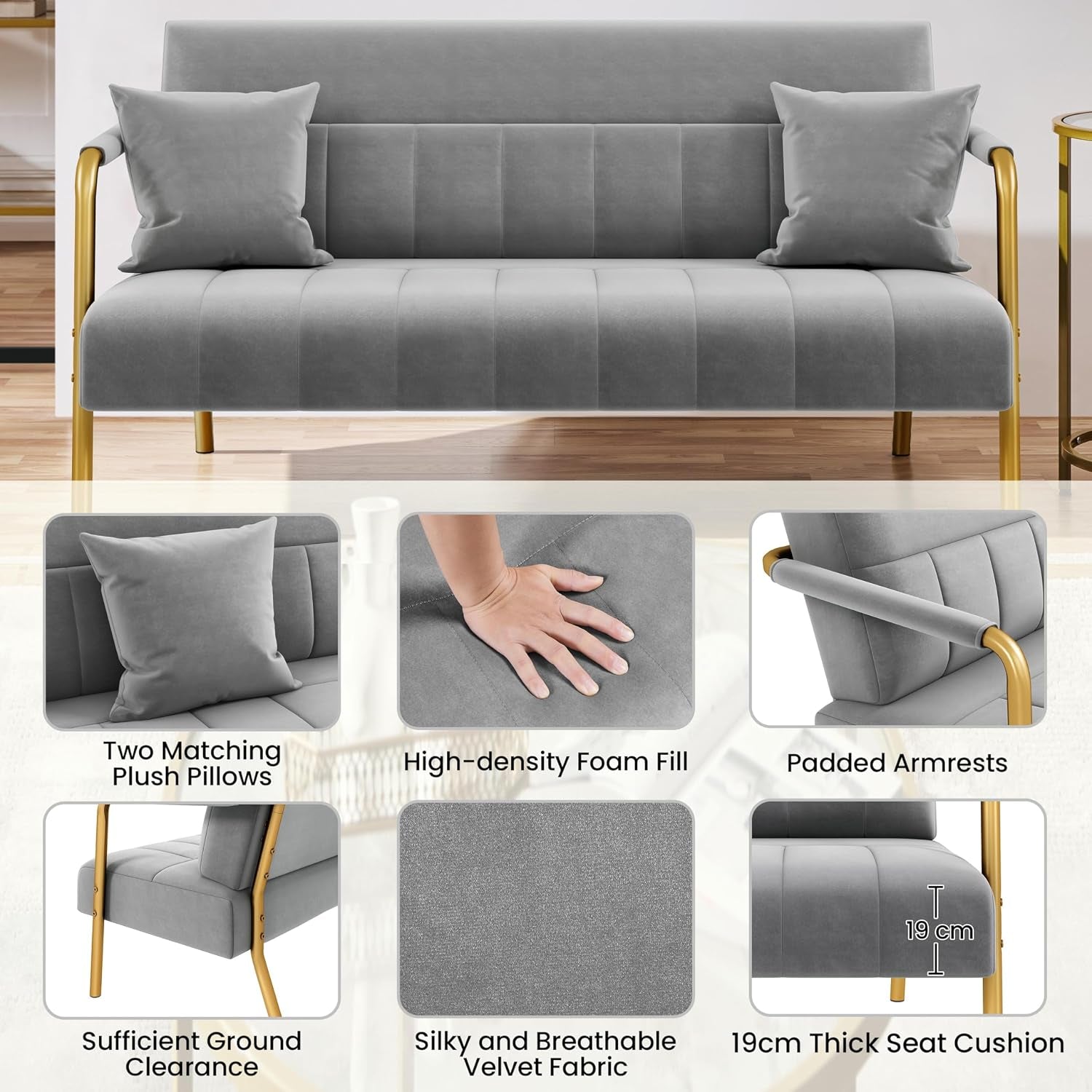 Light Grey 2 Seater Sofa, Velvet Small Compact Loveseat Couch | Upholstered Sofa Bed, Golden Metal Arms and Legs, Small Space for Apartment Bedroom Living Room, Easily Assembly