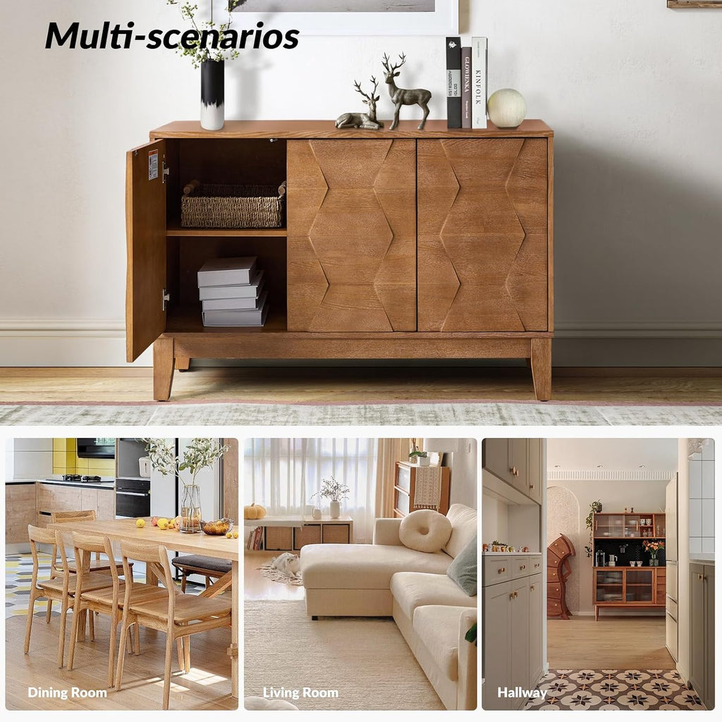 115 Cm Wooden Sideboard with Adjustable Shelves, Seadrift | 3-Door Storage Cabinet with Hexagonal Door Design, Solid Wood Legs, Ample Storage for Living Room, Dining Room, Easy Assembly