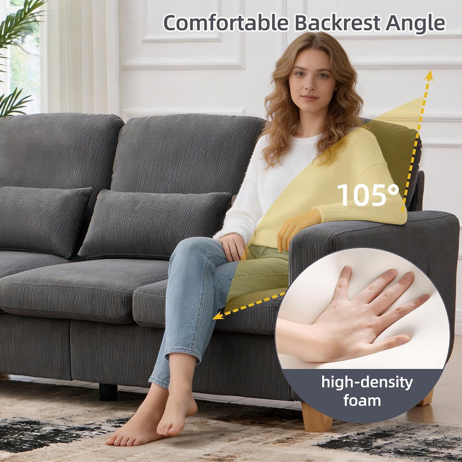 3 Seater Sofa, Corduroy Couch with Solid Wood Frame,Gray | 16Cm Thick High Density Foam, Removable Machine-Washable Covers, Solid Wood Frame, Easy Assembly, UK Fire Safety Compliant.