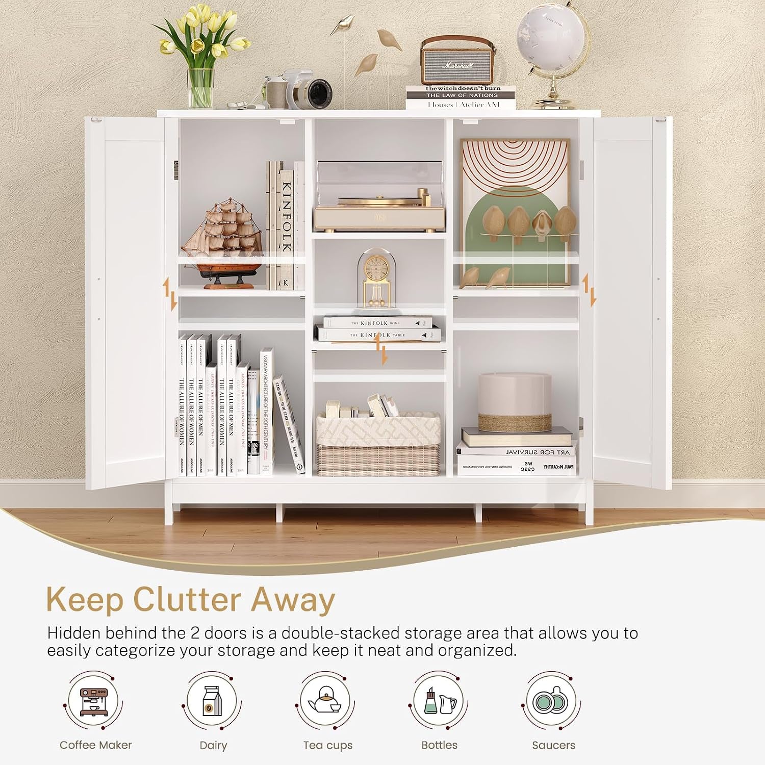 Sideboard with 2 Doors, Kitchen Storage Cabinet with Worktop & 4 Shelves, Buffet Cabinet for Kitchen, Bathroom, Living Room, Dining Room & Hallway, 90 X 30 X 80Cm, White