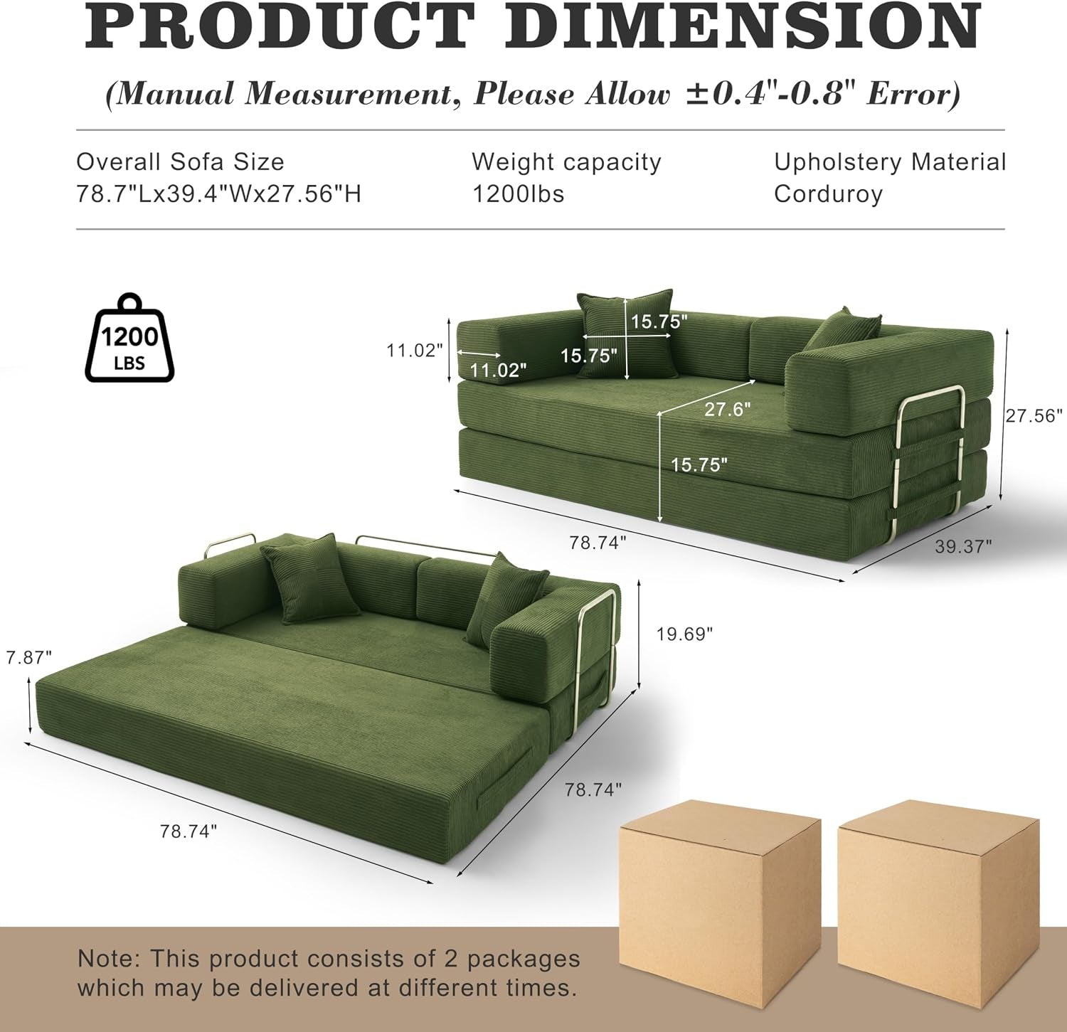 3 Seater Boneless Sofa Bed,Modular Convertible Couch,Pull Out,Green | 5-In-1 Folding Double Futon Sofa Bed|Corduroy Fabric|2 Memory Foam Pillows|Sectional Compressed Couches|200Cm for Living Room