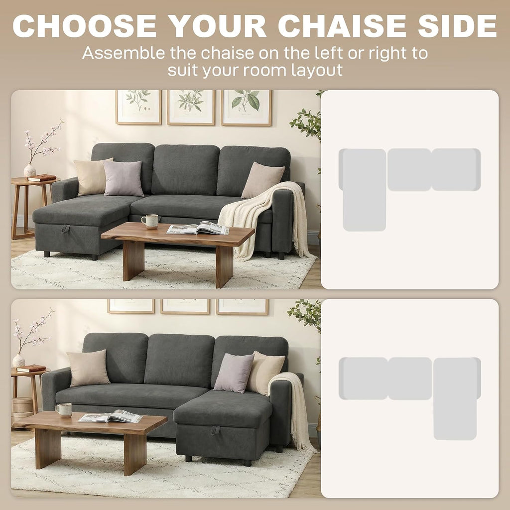 Sofa Bed with Storage Convertible L Shaped Couch Charcoal Grey | Corner Sleeper Couch, 3 Seater Pull Out Sofa Bed, Reversible Chaise, Side Pockets, Living Room, Bedroom, Small Spaces