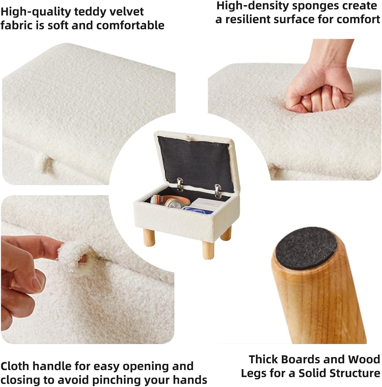 Small Footstool with Storage, Faux Teddy Fur Foot Stool Ottoman with Wooden Legs, Change Shoes Stool for Living Room Bedroom Entryway Office,White YD-JD136W
