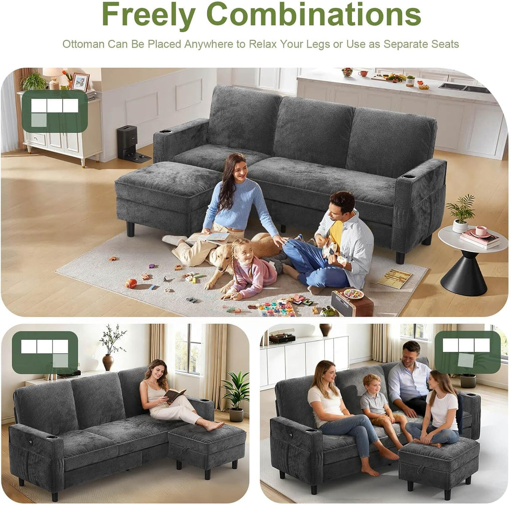 3-Seater Sofa with Storage Ottoman Footstool, L-Shaped Chaise Lounge Sofa with USB Charging Ports, 2 Cup Holders, Modern Fabric Small Space Corner Sofa Couch for Living Room (Deep Grey)