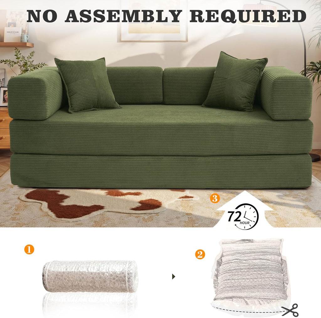 3 Seater Boneless Sofa Bed,Modular Convertible Couch,Pull Out,Green | 5-In-1 Folding Double Futon Sofa Bed|Corduroy Fabric|2 Memory Foam Pillows|Sectional Compressed Couches|200Cm for Living Room