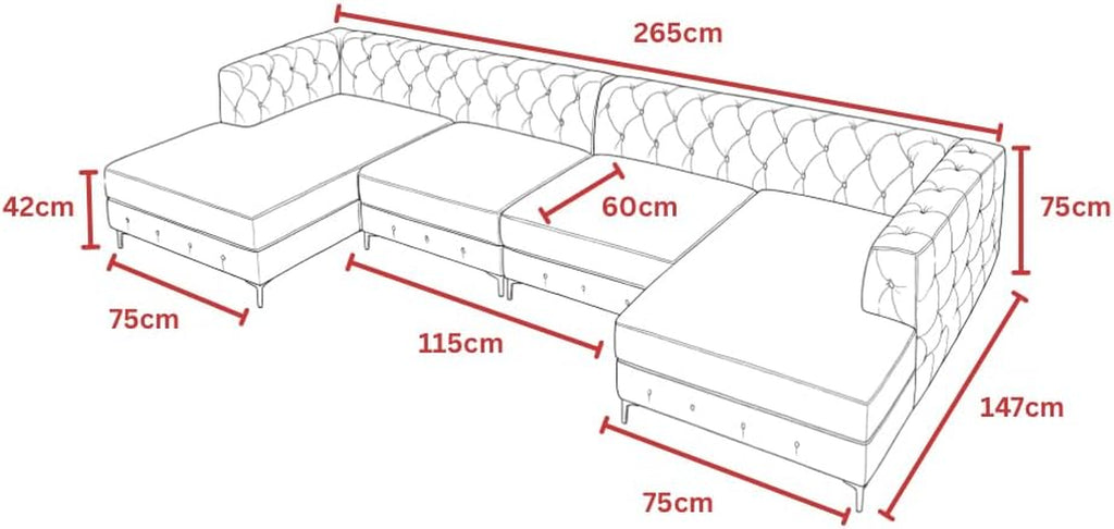 Chesterfield U-Shaped Corner Sofa | Plush Velvet Button Tufted Sofas | Large Double Chaise Sectional Sofa | 4–5 Seater Sofa for Living Room with Scatter Cushions (Black, U Shape Sofa)