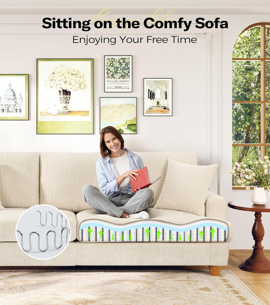 211CM 3 Seater Sofas, Corduroy Sofa No Tool Assembly, Oversized 2 Seater Sofa with 53CM Deep Seats, 3 Seater Sofa Couches & 2 Pillows, Sofa in a Box, Boho Sofas for Living Room, Beige Sofa