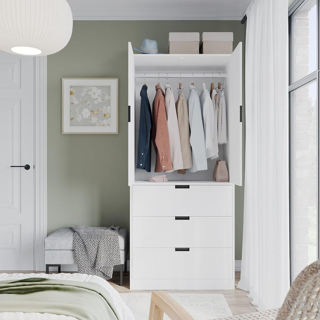 Modern 2 Door Wardrobe with 3 Drawers & Hanging Rail, Stylish Freestanding Storage, Spacious Interior, Durable Chipboard Build, Easy to Assemble Bedroom Furniture
