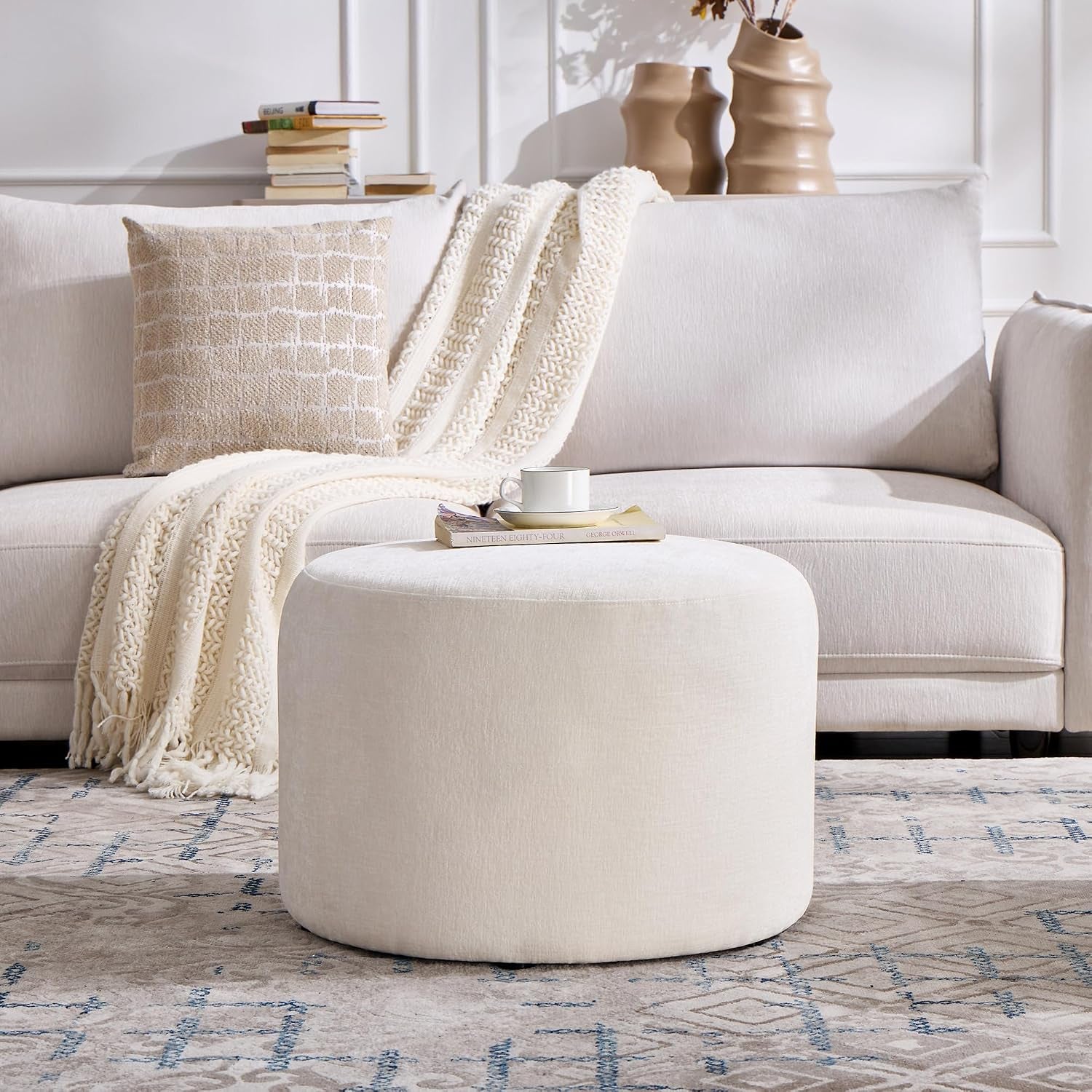 round Ottoman Foot Stool, Large Pouffe Footstool, White | Chenille Upholstered Foot Rest, Wood Frame, 57.5Cm Width, 120Kg Capacity, No Assembly Stool for Living Room Bedroom Hallway
