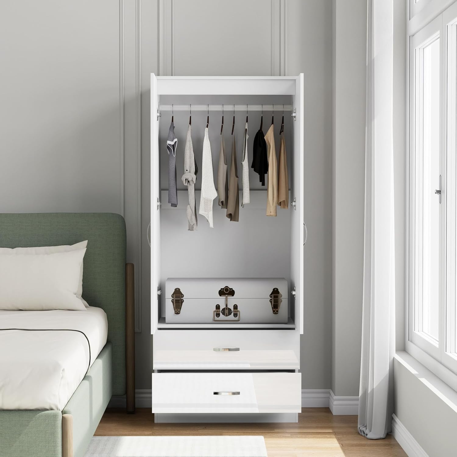 Gloss 2 Door Wardrobe with Mirror N Drawer 180Cm for Bedroom Storage, Gloss White(Matt White)