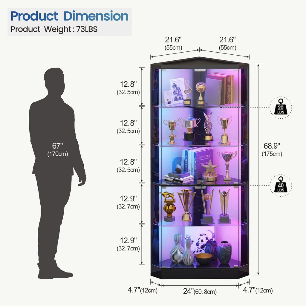 69" Corner RGB Glass Display Cabinets with Lock for Curio,Black | 5 Tier Modern Curio Cabinet with Dynamic Lighting,Storage Bookcase Cabinet with Glass Door for Study,Living Room,Bedroom