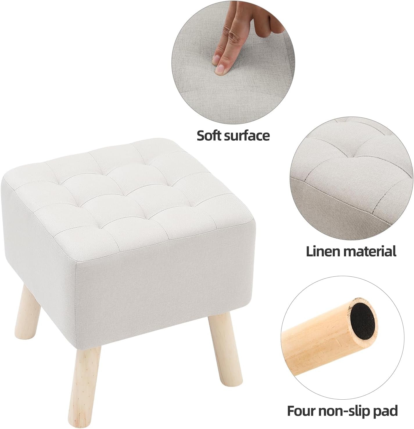 Linen Fabric Footstool Square Upholstered Stool Pouffe Stool Change Shoe Footrest Wooden Legs for Living Room Bedroom (Beige)