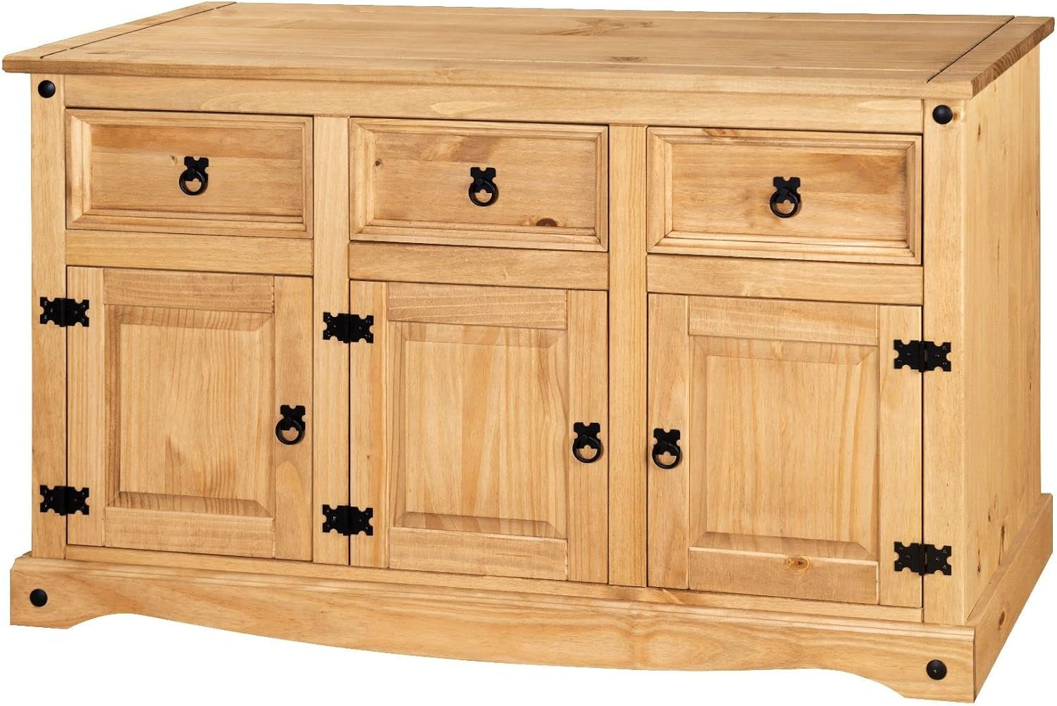 Corona Sideboard 3 Door 3 Drawer Mexican Style Solid Pine Wood Cupboard with Wax Finish Black Metal Hardware W 125 Cm X D 40 Cm X H 76 Cm