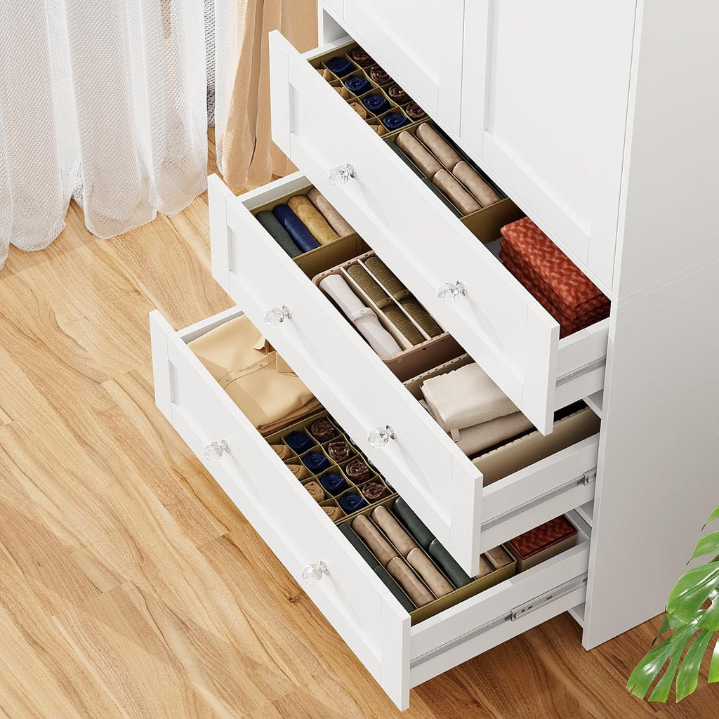 71" Tall Armoire Wardrobe Closet with Drawers and Mirror | Clothing Storage Cabinet with Hanging Rod, 2 Doors Wooden Wardrobe Cabinet for Bedroom, Large Capacity Storage (White)
