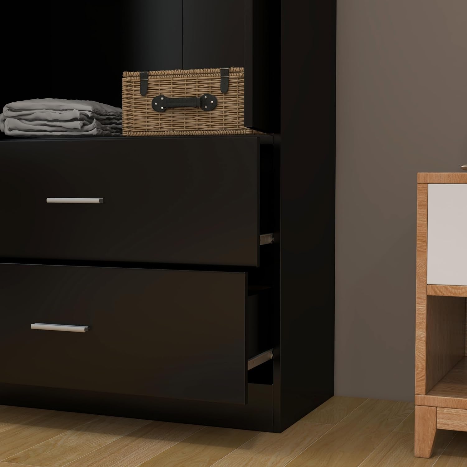 2 Door 2 Drawers Mirrored Wardrobe with Hanging Rail Wooden Clothes Storage Cupboards Unit for Bedroom Furniture 77 X 50 X 180 Cm (Black)