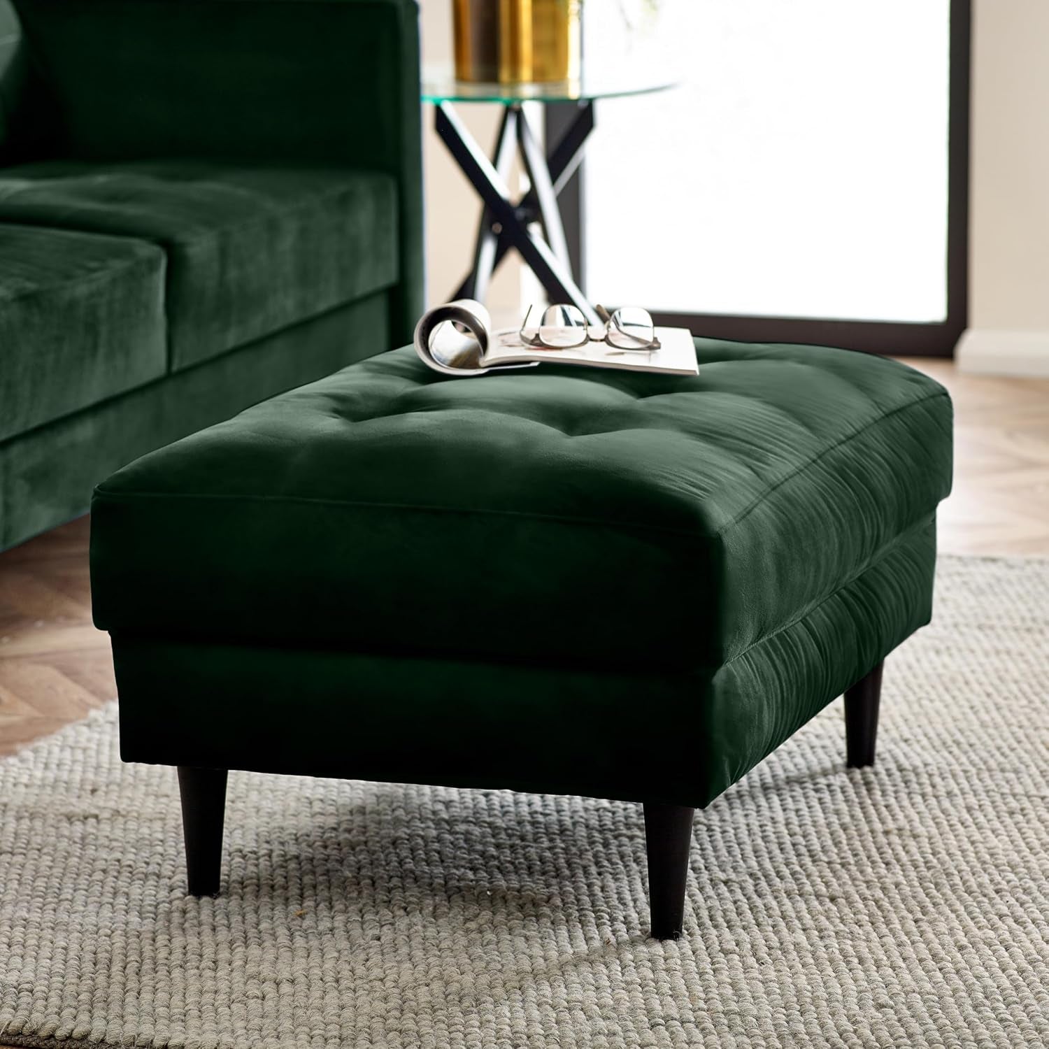 Joni Emerald Green Velvet Footstool - Upholstered Modern Green Fabric Foot Stool with Black Wooden Tapered Legs - Square Stitching - Stylish & Contemporary Living Room Furniture