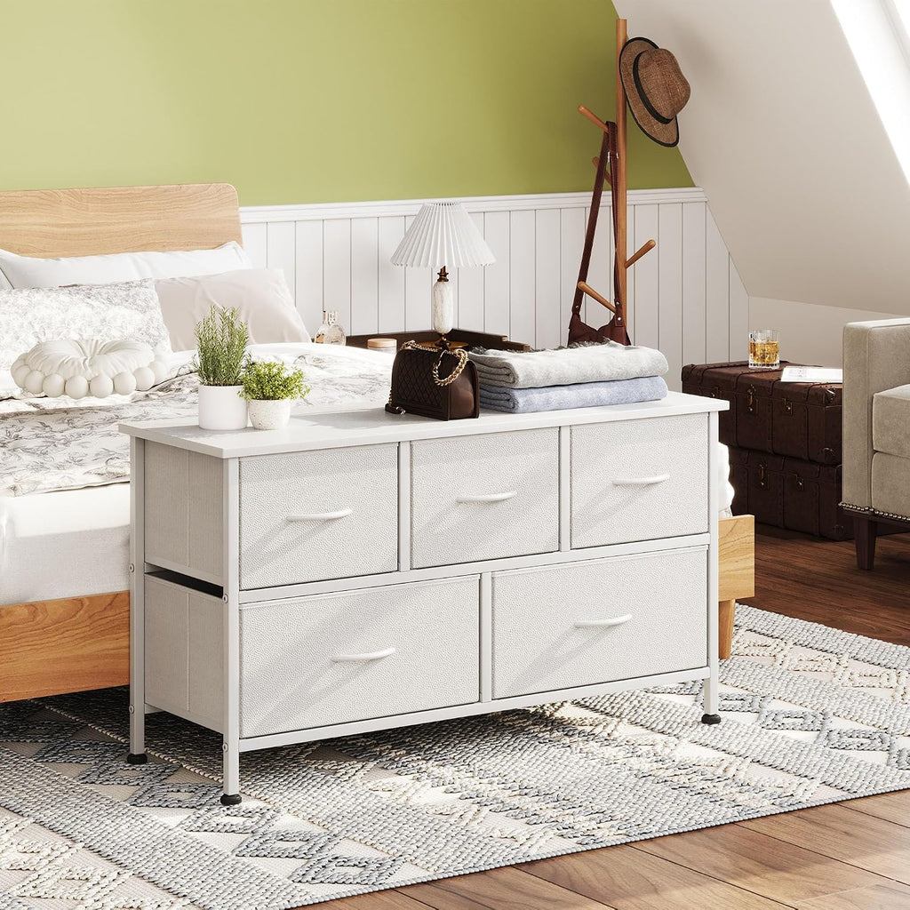 Chest of Drawers with 5 Drawers, White Fabric Dresser with Wood Top for Bedroom, Living Room, Large Storage Space