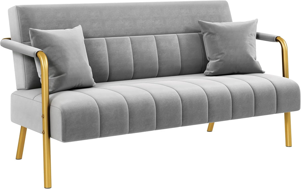 Light Grey 2 Seater Sofa, Velvet Small Compact Loveseat Couch | Upholstered Sofa Bed, Golden Metal Arms and Legs, Small Space for Apartment Bedroom Living Room, Easily Assembly