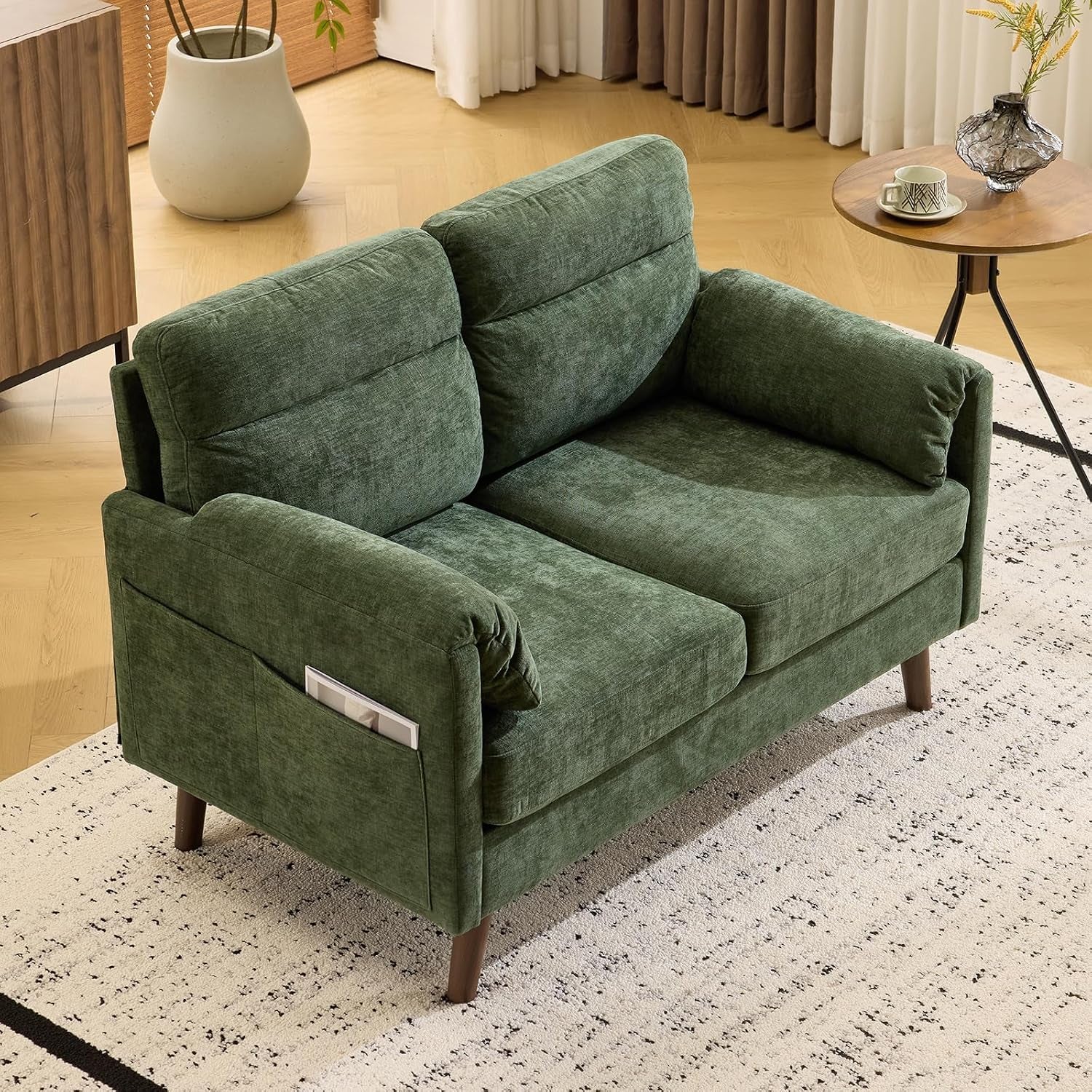 2 Seater Sofa, Modern Small Sofa with Soft Cushion and Tapered Legs | Compact Loveseat with Side Pocket Storage and Deep Seat, Perfect Couch for Living Room, Bedroom, Office, Apartment, Green