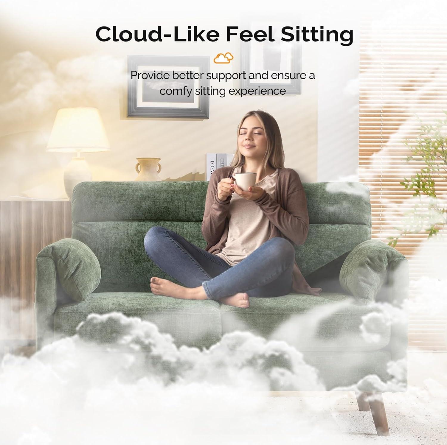 2 Seater Sofa, Modern Small Sofa with Soft Cushion and Tapered Legs | Compact Loveseat with Side Pocket Storage and Deep Seat, Perfect Couch for Living Room, Bedroom, Office, Apartment, Green
