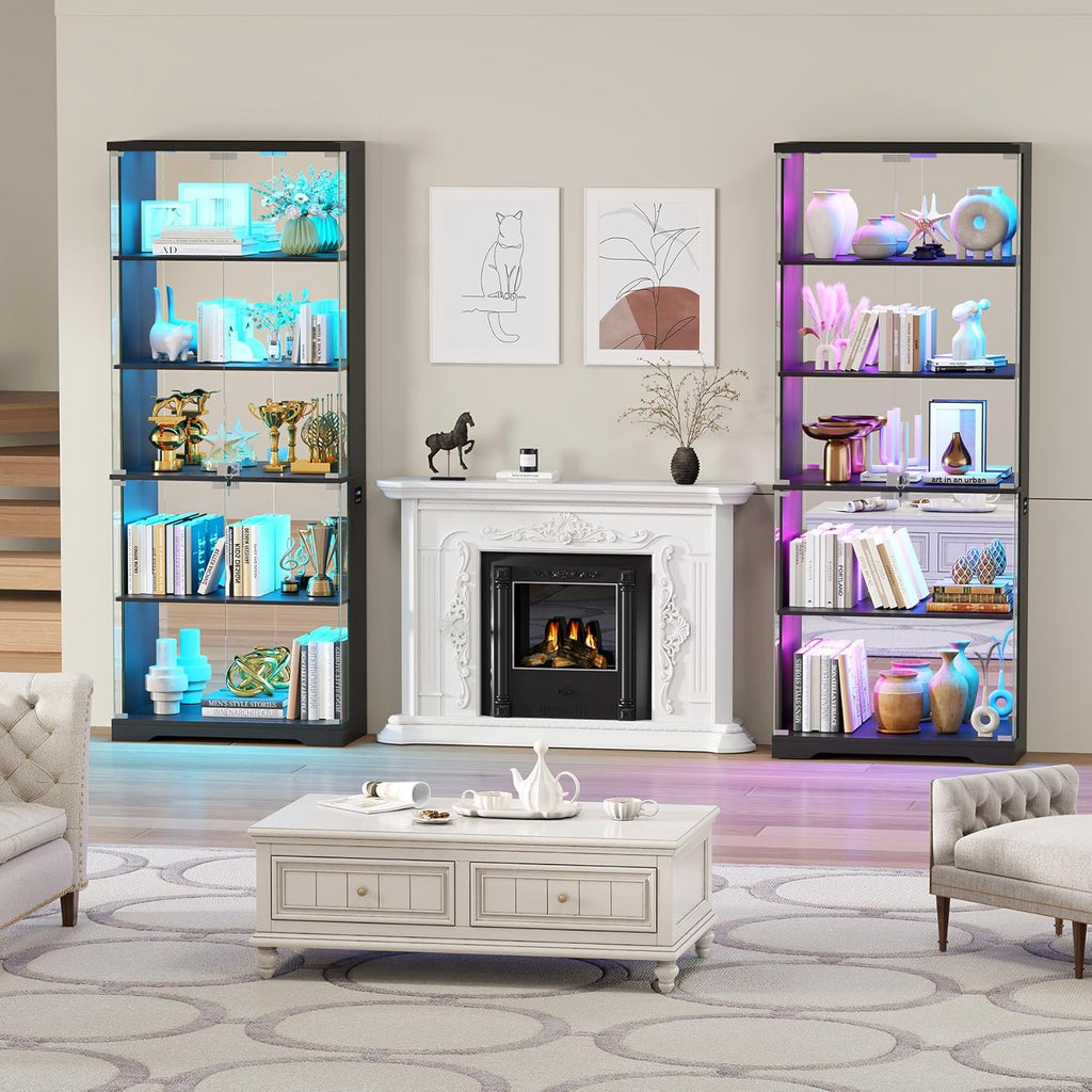 RGB Display Cabinet with Glass Doors, 175CM, Black | RGB Lights, 5-Tier Lockable Shelves for Collectibles/Figures/Books, Smart Human Sensor, for Living Room, Gaming Room