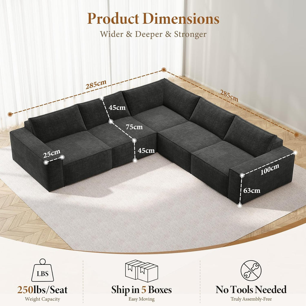 285Cm Boneless Corner Sofa, Deep Seat Large Modular Couch, Grey | Cloud Comfort, No Assembly Required, Easy Rearrangement, Sectional Living Room Couch for Apartment, Compressed Sofa Chenille