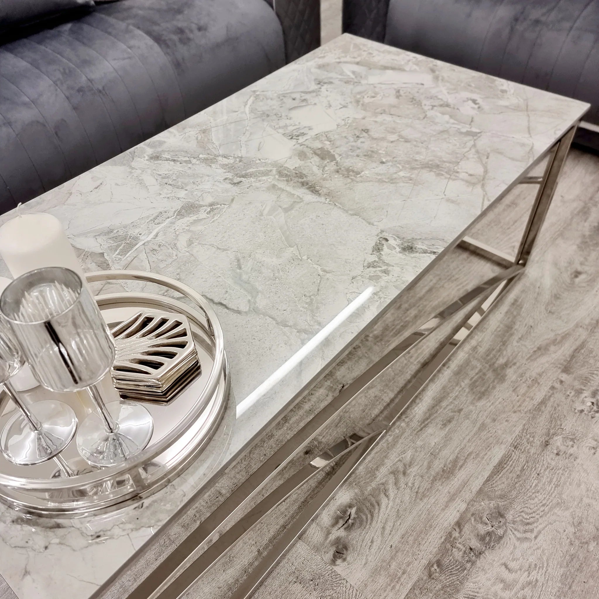 Marble Top Coffee Table with Stomach Ash Grey Sintered Top