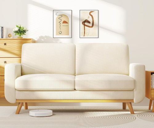172Cm Loveseat Sofa Beige, Comfy Corduroy Couch with Spring Cushion, 2 Seater Sofa with Solid Wood, Sofa Couch with Deep Seat, Sofa for Bedroom, Loveseat for Living Room, Beige Office Couch