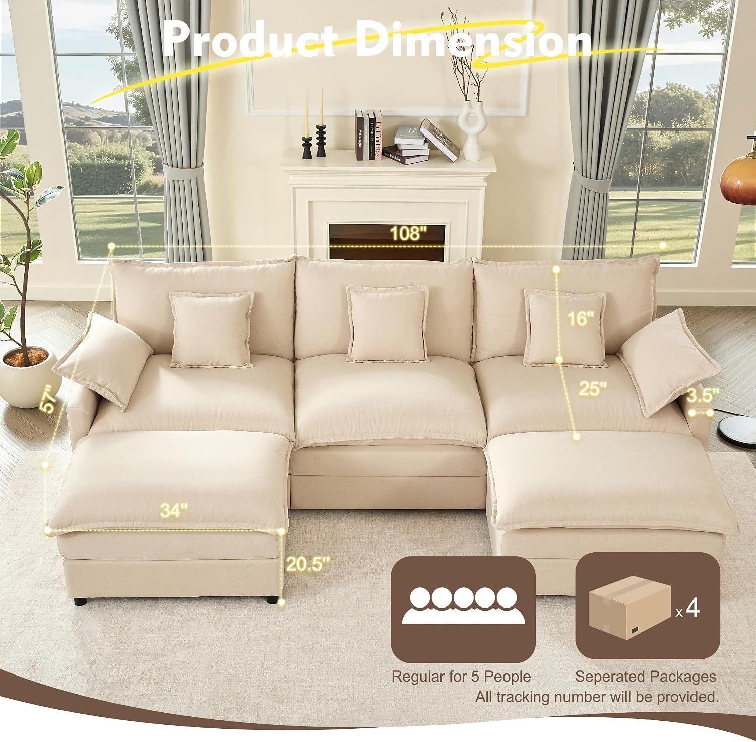 274 Cm U-Shaped Sofa, Linen Deep Seat Sofa Bed, Beige | Cloud Comfort, Deep Seat Design, Soft Chenille Upholstery, Machine-Washable Covers, Movable Ottoman