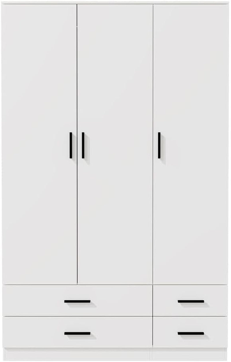 Modern 3 Door 4 Drawer Wardrobe with Hanging Rail, Bedroom Furniture, Storage Shelf Clothes Organiser Stylish Design, Ample Storage Solution (White)